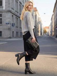 Botas de media pantorrilla para mujer, botas negras casuales y de moda, adecuadas para usar al aire libre - Negro - Ver 4