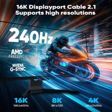 16K DisplayPort 2.1 线缆，15 英尺（约 4.5 米），支持 16K@60Hz、8K@120Hz 和 4K@240Hz 分辨率，DP 2.1 线缆采用 16K 编织线，兼容 HDR10、DSC 1.2a、G-Sync 和 FreeSync，适用于游戏 PC、游戏显示器 5090 和 AMD 7900XTX。 - 灰色 - 查看 4
