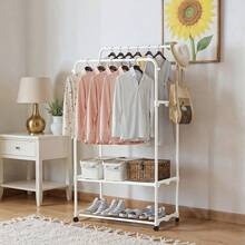LIVINGANDHOME Living And Home  Sturdy Metal Clothes Rack Double Rod Design With Side Bars Hooks For Garments Towels Bags Storage Holiday - White - View 6