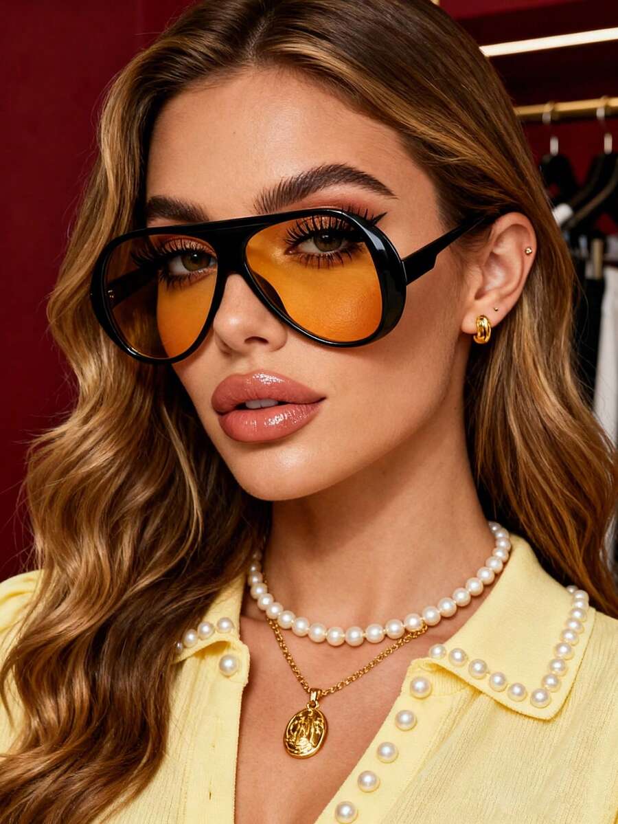 1 Pair Oversized Pilot Style Toad Eye , American Personalized Glasses, Summer Vacation Beach Accessory, Gradient Color, Women's Fashion Toad Eye Glasses, Suitable For All Seasons, Concave Lens, Same Style - màu đen - Xem 1