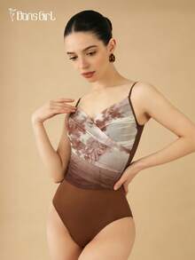 DonsGirl 女士芭蕾舞紧身衣 - 性感印花网纱荷叶边V领细肩带，法式优雅浪漫连体衣 | 全衬里和可拆卸胸垫 - 咖啡棕 - 查看 6