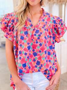 Acelitt Women's Abstract Shell Print Ruffle Sleeve V-Neck Blouse - Multicolor - View 5