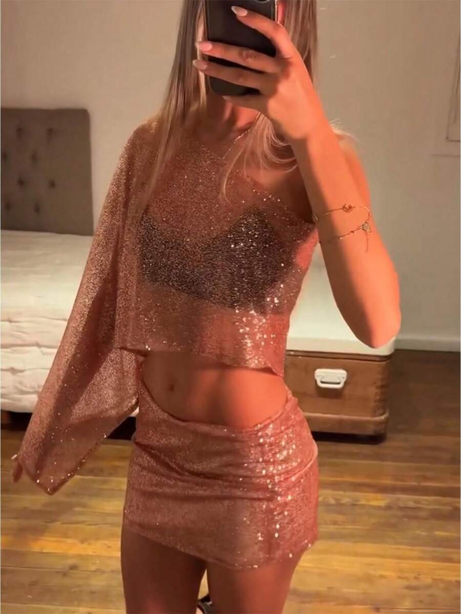 Women's Sequin Two Piece Set  Sparkly Bandeau Sheer Poncho Top  Mini Skirt Outfit For Pool Party Festival Clubwear ﻿ - 金色 - 查看 1