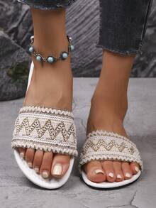 少女软底时尚凉鞋，休闲沙滩度假平底拖鞋，夏季 - 白色 - 查看 2
