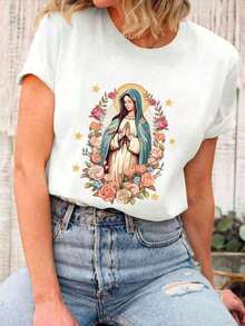 Camiseta Feminina T Shirt Estampada Virgem Maria 100% Algodão Minimalista Casual - Branco - Visão 1