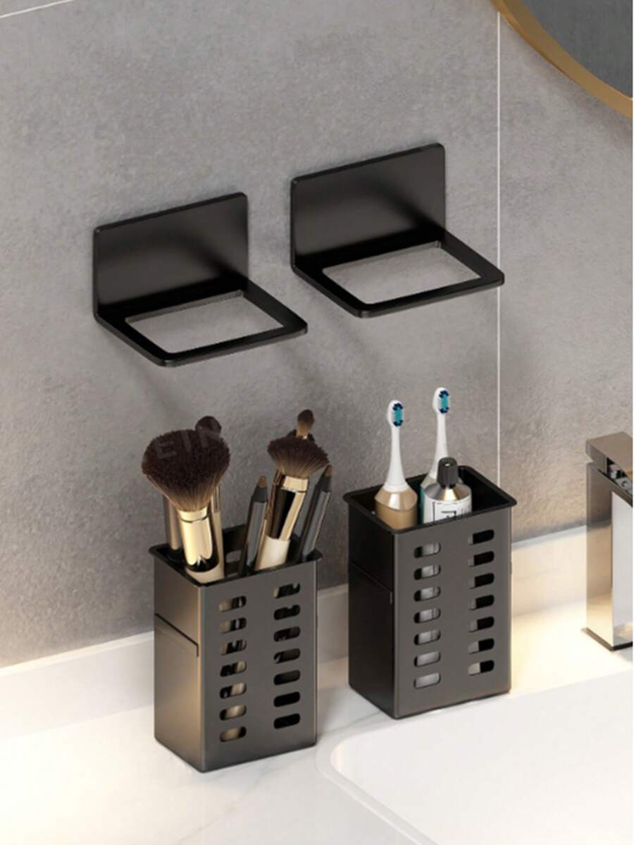 1/2 Giá đựng kem đánh răng, lược, dao cạo màu trắng và đen, giá treo tường đựng đồ dùng phòng tắm không cần khoan, phụ kiện phòng tắm - màu đen - Xem 1