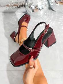 Giày cao gót đế vuông, mũi vuông, kiểu Mary Jane hở gót dành cho nữ, chất liệu bóng, mũi kín, quai đơn, thiết kế tối giản và đa năng, phù hợp cho công sở hoặc thường ngày, sandal hở gót thoải mái và thời trang. Màu đen, màu đỏ. - Màu Đỏ Sâu - Xem 5