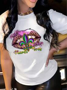 Camiseta de Mujer para la Celebración de Mardi Gras - Estampado de Labios Elegante en Púrpura y Verde, Manga Corta Casual, Cuello Redondo, Poliéster Transpirable, Lavable a Máquina - Negro - Ver 1