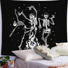 Skeleton Tapestry Skull Tapestry Starry Tapestry Black And White Stars Bonfire Dance Music Tapestry Wall Hanging For Living Room Bedroom Aesthetic - Black - View 5