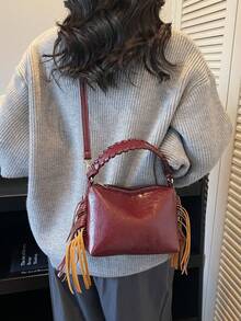 Fransendesign Neue Pendler Öl-Wachs Leder Unterarmtasche, Lässige Umhängetasche für Frauen, Hochwertiges Gefühl