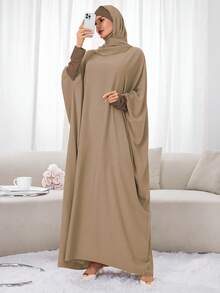 1件套头巾围巾及连帽长袍套装，穆斯林针织长袍，带头巾，女士祈祷吉尔巴布长袍，迪拜沙特阿拉伯土耳其伊斯兰风格端庄头巾