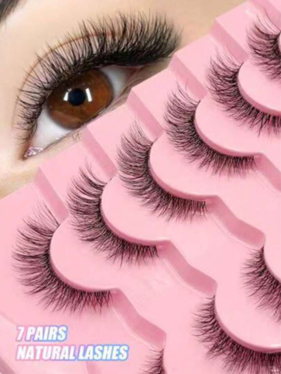7 Pairs Natural Style False Eyelashes, Soft Transparent Band, Short Lightweight Faux Mink Eyelashes, Create Natural Makeup Look, Suitable For Daily Wear, Suitable For Beginners, False Eyelashes - Black - View 1