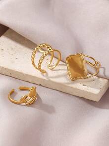 Women's Gold-Plated Ring Set - Bubble, Square And Tulip Design Open Rings, Minimalist & Stylish For Everyday Wear - Gold - View 5