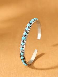 1pc Vintage Bohemian Style Turquoise Bracelet For Women, Fashionable Retro Jewelry Gift - Antique Silver - View 2