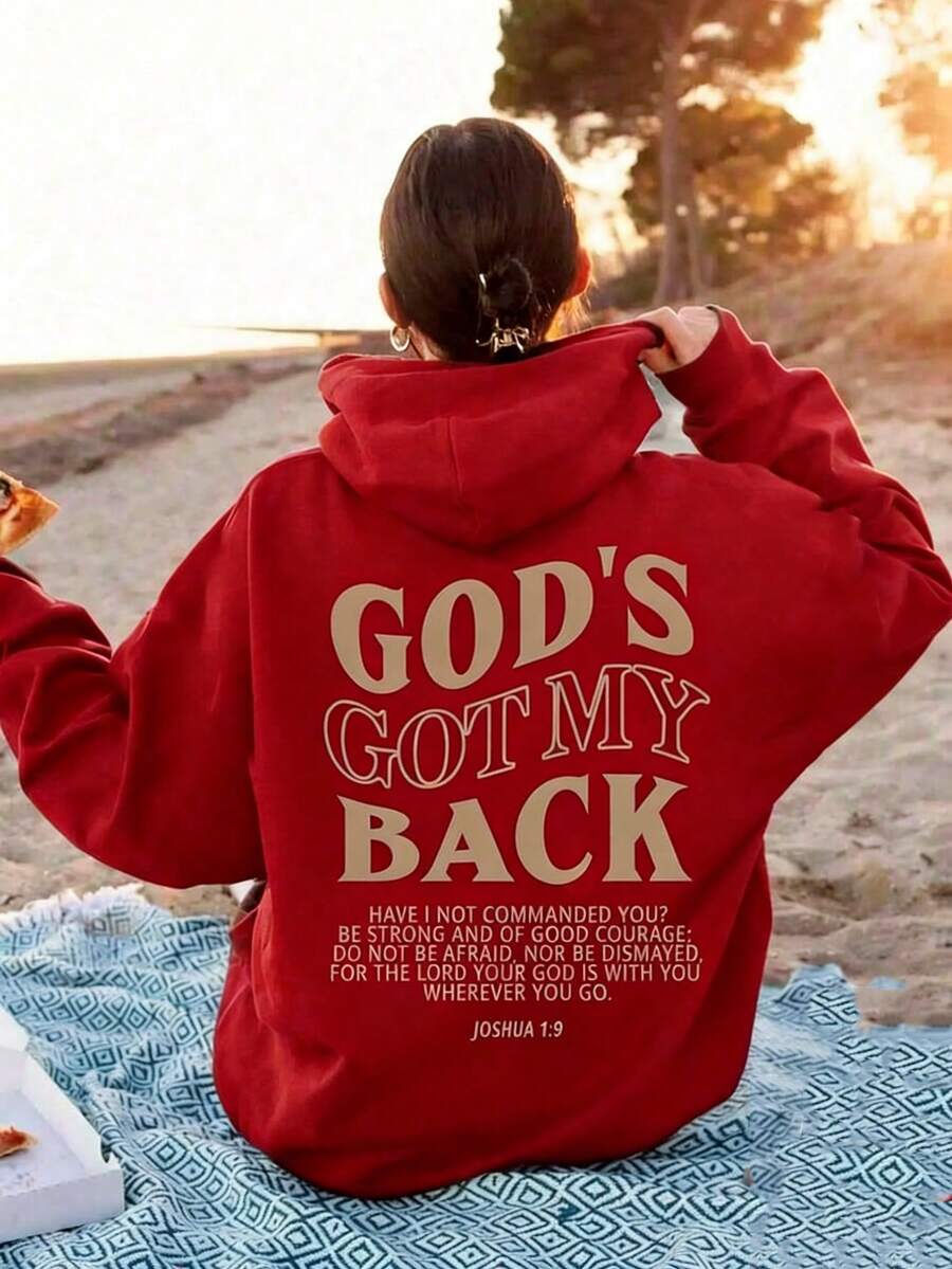Comfortable Plus Size Hoodies Women's Christian Faith Hoodie, Printed With "God Is With Me" Bible Verse (Joshua 1:9)-Inspirational Religious Clothing - 紅色 - 查看 1