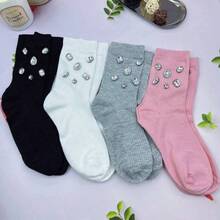1/2/3/4 Pairs Women Solid Color Rhinestone Decorated Mid-Calf Socks, Sparkling Rhinestone Decorated Socks - Comfortable, Fashionable, Soft, Stretchy, Suitable For All Seasons, Perfect For Women's Daily Wear, Dates, Parties, And An Ideal Gift For Women, Christmas, Valentine's Day, Mother's Day - Multicolor - View 2