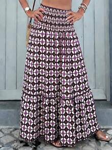 新款波西米亚风高腰弹力多层喇叭裙：紫棕色几何撞色印花，适合日常穿着、海滩度假、日光浴 - 彩色 - 查看 7