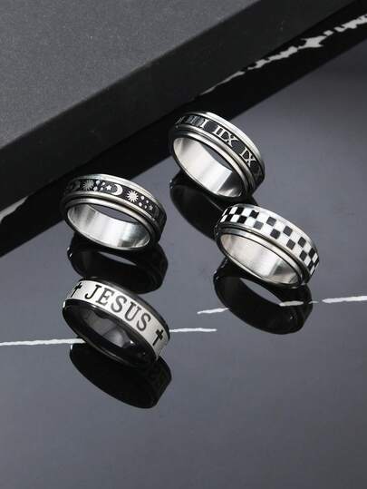 4pcs Fashionable Stainless Steel Men's Ring Set, Includes Star, Moon, Roman Numeral, Black & White Plaid Elements, Suitable For Men's Daily Wear, Festivals, Dates, Engagements, Weddings, Gift Jewelry