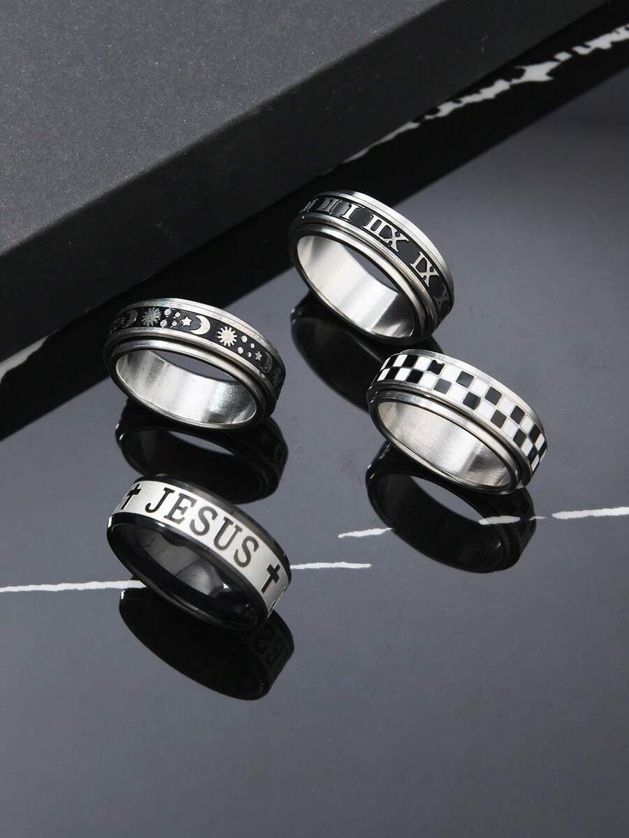 4pcs Fashionable Stainless Steel Men's Ring Set, Includes Star, Moon, Roman Numeral, Black & White Plaid Elements, Suitable For Men's Daily Wear, Festivals, Dates, Engagements, Weddings, Gift Jewelry