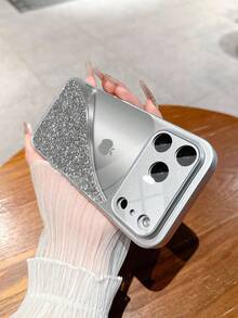 1个新款奢华时尚银色水钻拼接灰色苹果图案豪华大视野钢化玻璃镜头保护手机壳，兼容 17/17Pro/17ProMax/17Air/16/16Pro/16ProMax/16Plus/15/15Plus/15Pro/15ProMax/14/14Plus/14Pro/14ProMax/13/13Pro/13ProMax/12/12Pro/12ProMax/11/11ProMax，磨砂防摔，金属漆全覆盖高端保护壳