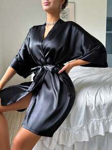Women's Solid Color Short Sleeve Bathrobe, Suitable For Spring And Summer, Can Be Worn At Home, Hotel, Party, And With Swimwear Bathroom Decor - Black - View 1