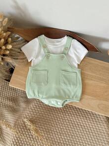 Set de 2 piezas: Camiseta blanca casual + body con tirantes verdes para bebé niña, primavera/otoño - verde menta - Ver 7