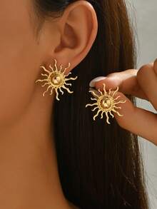 1 Pair Fashionable Minimalist Creative Sunflower Stud Earrings, Suitable For Daily Wear For Women - Gold - View 6