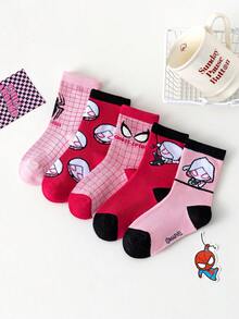 Marvel 5双漫威格温蜘蛛侠主题凝胶防滑儿童袜，包括粉色女童过膝袜、透气防滑卡通男童袜和防滑家居袜，适合好动儿童和蜘蛛侠电影粉丝。 - 粉色 - 查看 14