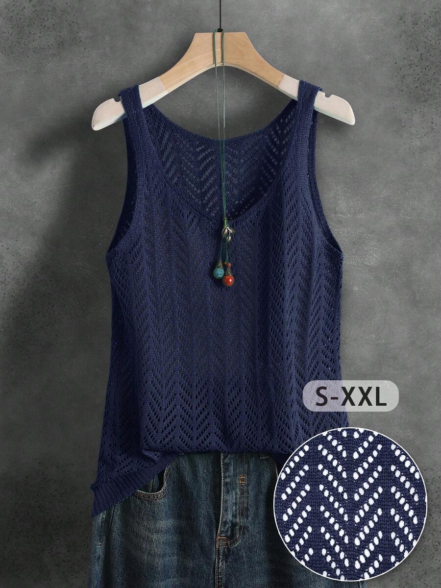 Women's Summer Hollow Breathable Versatile Solid Color Knitted Openwork Ribbed Sleeveless Vest, Suitable For Sports, Fitness, Daily Wear, Summer Vacation, Casual, Unisex, Soft And Comfortable, Spring/Summer - Navy Blue - View 1