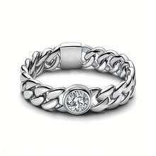 Golden Cuban Chain Ring Zirconia Shining Original Finger Engagement Ring Wedding Ring For Women Fine Jewelry Valentine's Day Gift - Silver - View 7