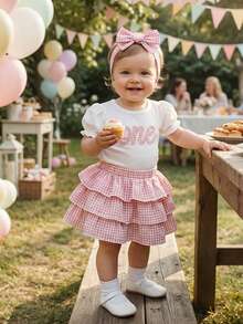 3Pcs Baby Girl 1st Birthday Outfit One Birth Letters Embroidery Bubble Short Sleeve Romper Bodysuit And Tiered Layered Tutu Skirt Plaid Princess Dress And Headband - 粉色 - 查看 8
