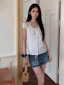 Áo sơ mi nữ tay phồng buộc dây, cài một hàng khuy, dáng ôm, mỏng nhẹ, thích hợp mặc mùa hè, xuân, màu trắng. - trắng - Xem 5