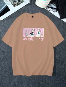 Y2K Anime Eye Print Oversized T-Shirt, Loose Fit, Premium Soft Fabric, Summer/Spring - 稻草 - 查看 4