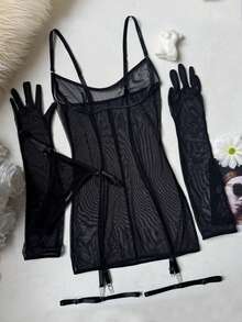 Bộ đồ lót lưới xuyên thấu dành cho nữ, kèm dây nịt và găng tay. - màu đen - Xem 3