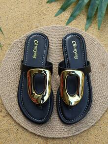 Comfortable Vacation Style Beach Sandals, One-Piece Slip-On Thong Flat Slippers, Versatile Metal Ring Fashionable Holiday Shoes - Black - View 7
