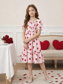 Girls' Sweet Heart Pattern Puff Sleeve & Ruffle Hem Decorated Princess Dress, Summer Beach Holiday Party Outfit - Multicolor - View 8