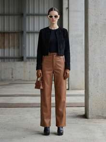 High Waist PU Leather Pants - Rust Brown - View 4