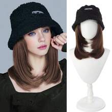 12英寸黑色中长款耐热合成假发，配黑色渔夫帽，女士款 - 彩色 - 查看 9