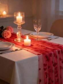 1件情人节网纱心形桌旗，红粉色心形网纱桌布，浪漫氛围装饰，适用于情人节、婚礼、生日，荷叶边设计，透明心形图案派对桌旗，活动派对装饰，餐桌装饰 - 彩色 - 查看 6