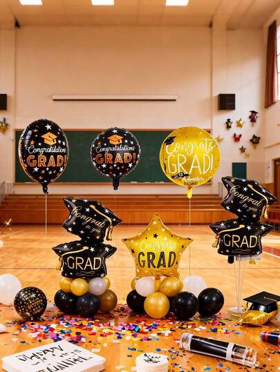kumozawa 7pcs/Set Black Graduation Cap Foil Balloons And 18" Pentagram Round Balloons, Graduation Congratulations Balloons, Class Of 2026 Graduation Balloons, Graduation Cap Balloons, 2026 Graduation Decorations, High School/College Graduation Ceremony Decorative Balloons