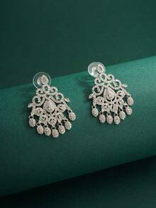 2pcs/Set Middle Eastern Dubai New Bride Jewelry Earrings & Necklace Set, Zirconia Stone Wedding Dress Accessories - Tassel - View 5