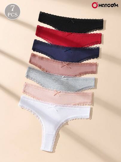 Bộ 7 chiếc quần lót dây cotton màu trơn, kiểu dáng lãng mạn, phối ren, có gân, dành cho nữ, kiểu dáng dễ thương với nơ, không đường may, thoáng khí.