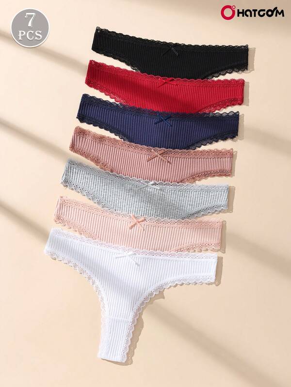 7pcs/Set Solid Color Cotton Romantic Lace Patchwork Ribbed Women's Thong Panties, Cute Bow Seamless Breathable Underwear