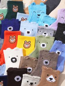 10双装柔软透气婴儿中筒袜，可爱小熊图案，荷叶边袜口，多色弹力舒适婴幼儿袜 - 彩色 - 查看 3