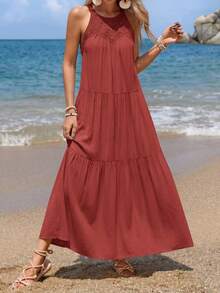 Women Summer Sleeveless Loose Dress Casual Hollow Out Halter Sleeveless Boho Long Sundress Spring Beach Holiday Vacation Valentine Long Maxi Dress - 鐵鏽紅 - 查看 5