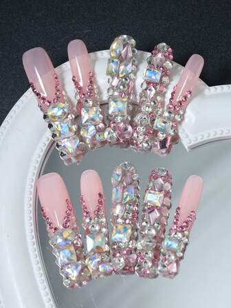 CrystalHola Oferta especial de San Valentín y Año Nuevo, Set de 10 piezas, Calcomanías de uñas francesas 100% hechas a mano, Diseño de strass lujoso, Cobertura total, Removible y reutilizable. ¡Este exclusivo sticker de uñas es un elemento de moda imprescindible para fiestas de uñas, también un excelente regalo de boda! El set incluye lima de uñas y gel de uñas.