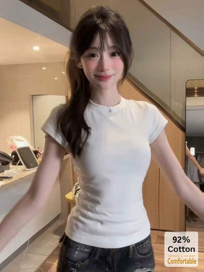 纯色短袖T恤，百搭休闲修身女式打底衫