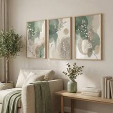 Japandi植物禅意墙画三件套，抽象水彩叶子海报，鼠尾草绿米色印花，极简主义花卉艺术，现代禅意装饰，家居装饰客厅，墙面装饰，无框 - 彩色 - 查看 2