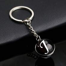 1pc 26 English Alphabet Time Gem Double-Sided Glass Ball Keychain Metal Key Chain Accessory Small Gift - Silver - View 18