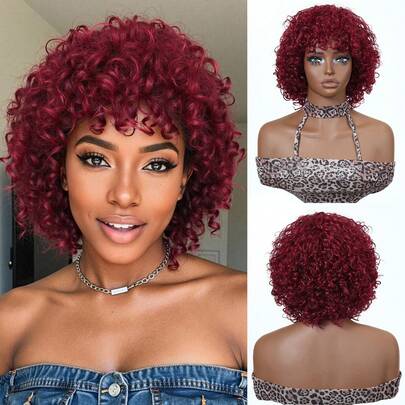 Short Curly Wig With Bangs, Human Hair, Glueless, Women's Brazilian Short Pixie Bobcut Wig With Bangs